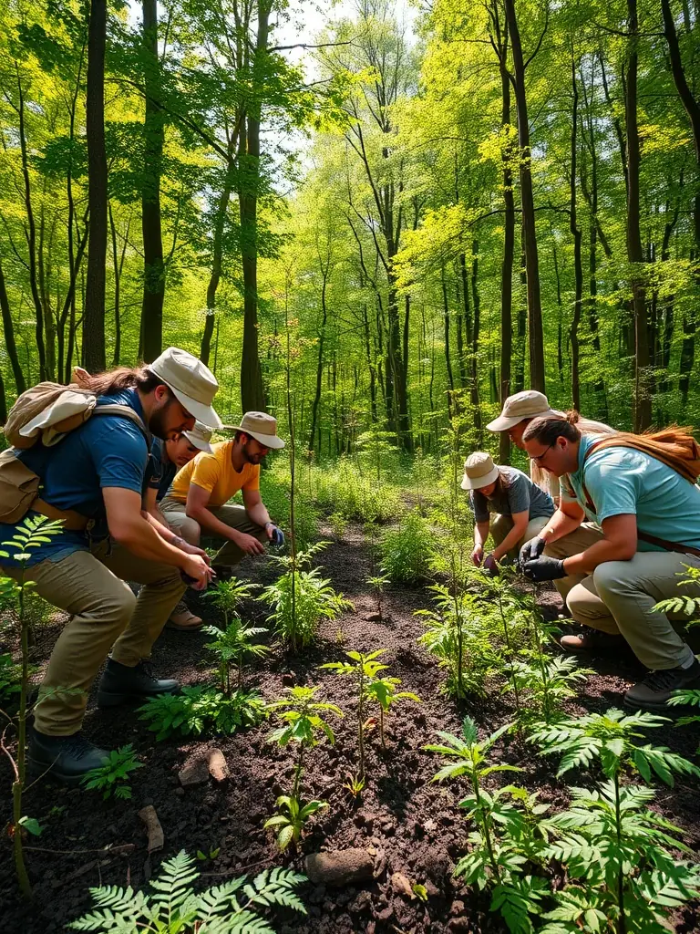 A photograph showing association members conducting a habitat restoration project, planting native trees and shrubs to enhance biodiversity and support local ecosystems.