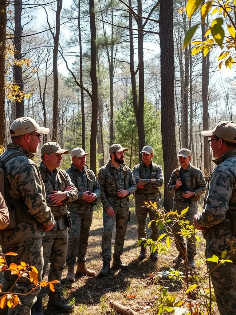 A photograph of a group of hunters attending a training session on responsible hunting practices and wildlife identification.