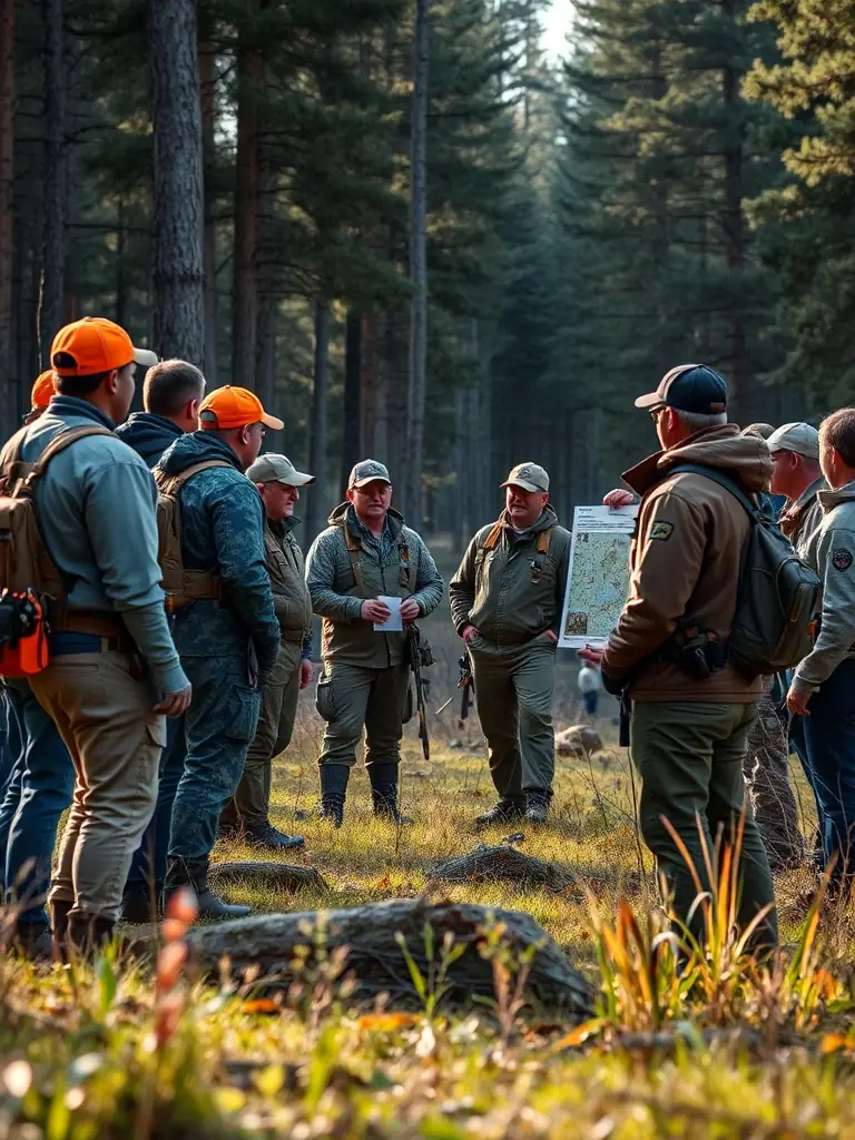 A photograph depicting a group of hunters participating in a supervised hunting activity in a controlled area, emphasizing safety and responsible hunting practices.