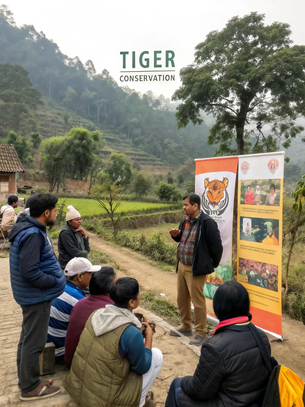 A photograph showcasing a community outreach event where association members are educating local residents about the importance of wildlife conservation and environmental stewardship.