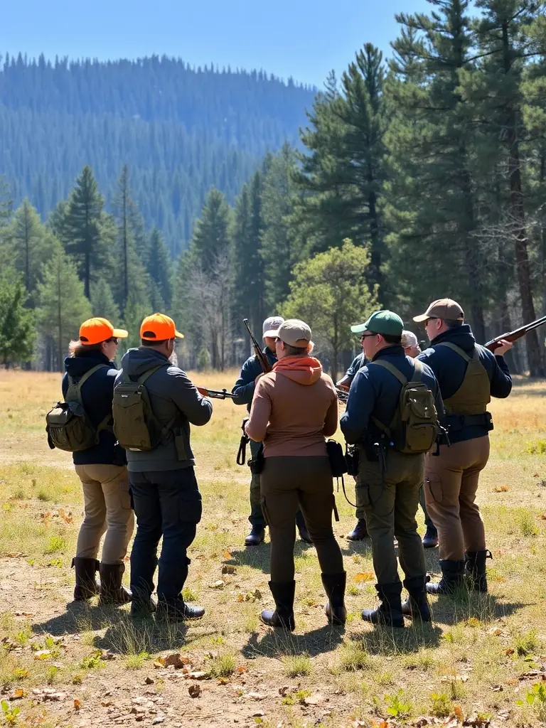 A photograph of a training session where experienced hunters are teaching new members about responsible hunting practices, including safety protocols and ethical considerations.