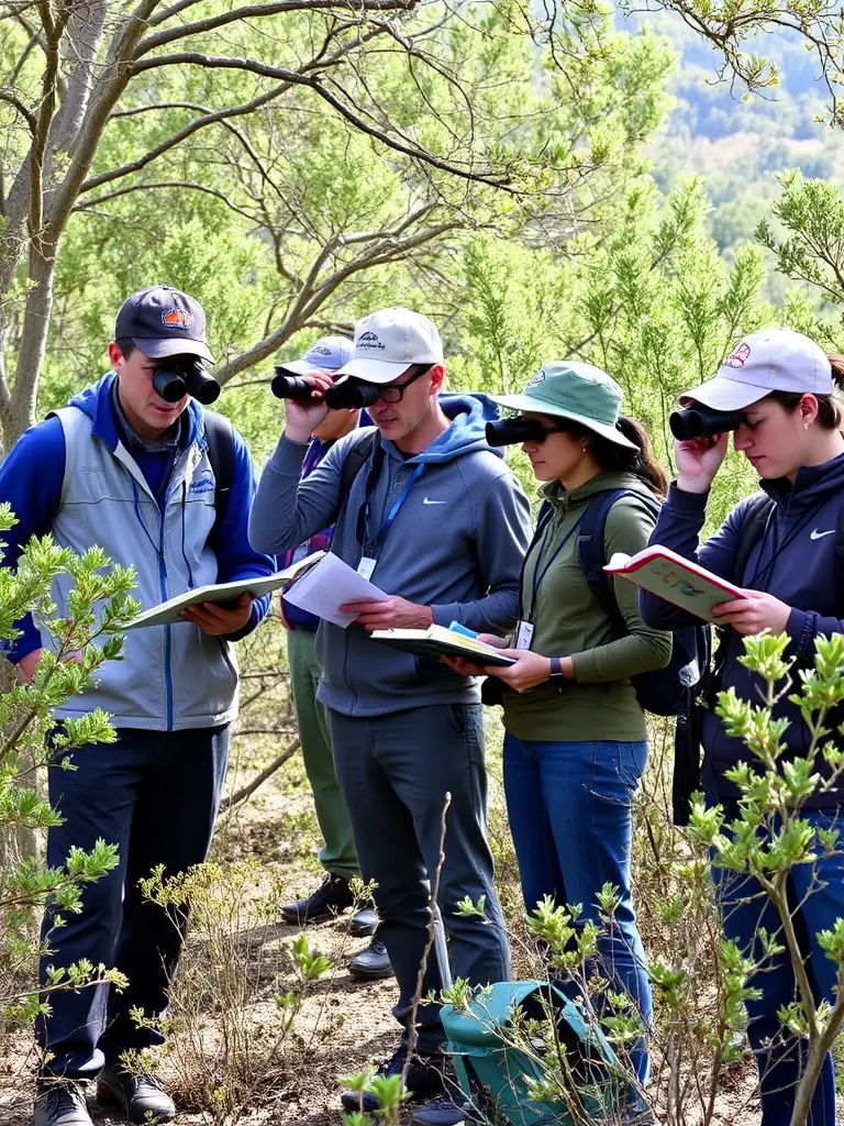 A photograph depicting members of ASSOCIATION COMMUNALE DE CHASSE AGREEE DES TERNES participating in a wildlife census activity in a local forest, using binoculars and notebooks to record observations.