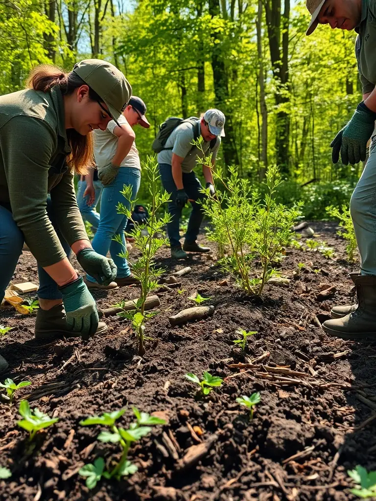 A photograph of association members participating in a habitat restoration project, planting native trees and shrubs to improve wildlife habitat.