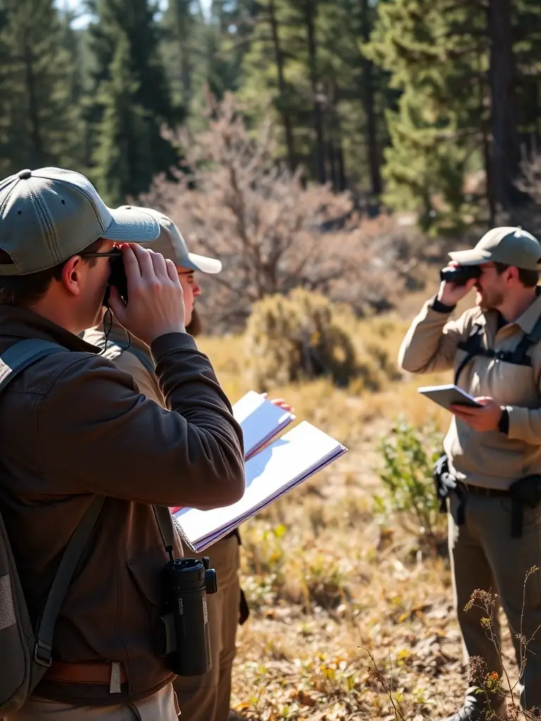 A photograph of association members conducting a wildlife population survey, using binoculars and data collection tools.